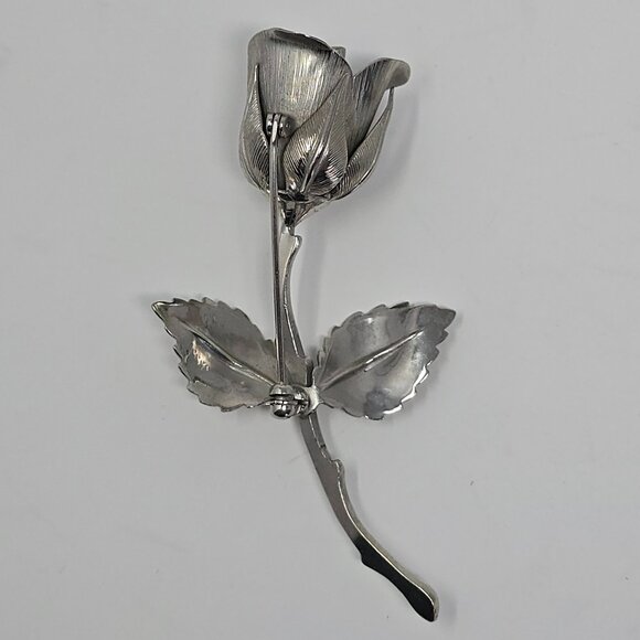Vintage Rose Brooch Silver Tone Floral Statement Pin 1980s Costume Jewelry - Picture 10 of 15